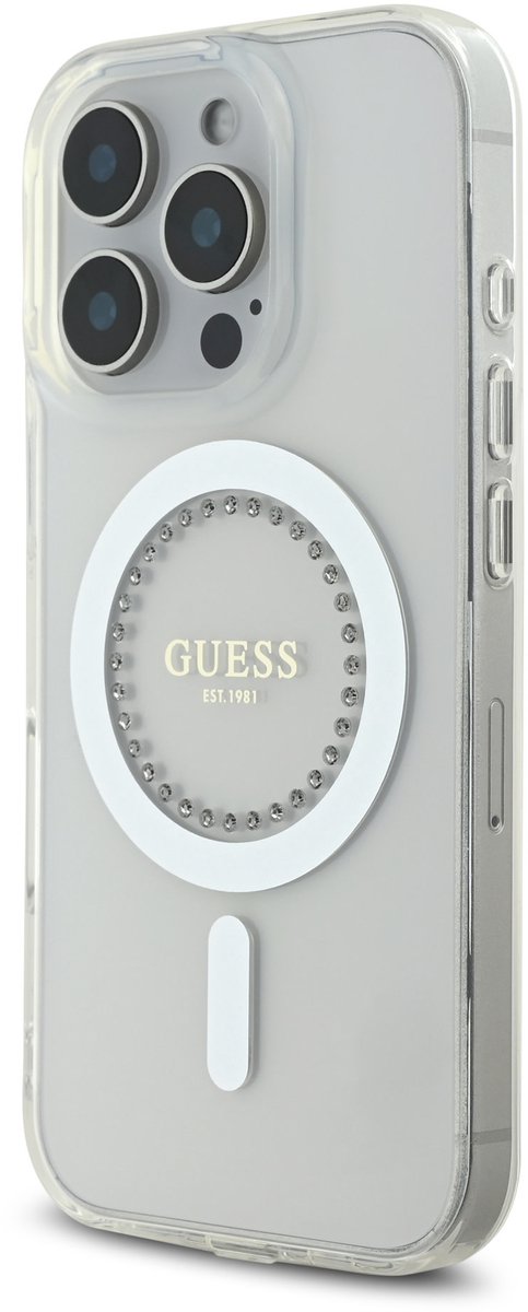 Guess iPhone 16 Pro Backcover hoesje Magsafe IML Rhinestones - Wit