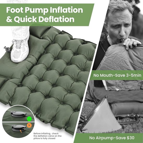 RFWR® Ultralichte campingmatras met kussen en ingebouwde voetpomp - Zelfopblazende slaapmat voor buitenactiviteiten van RFWR — afbeelding 4