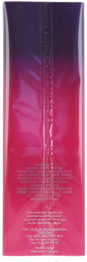 Zijkant van een doosje Escada Magnetism met ingrediëntenlijst, Made in Spain.