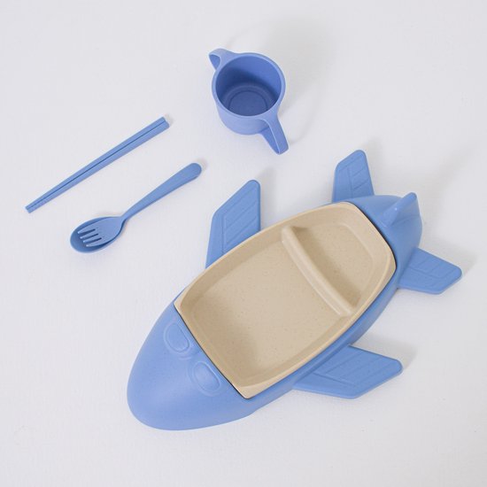 Kinderservies Set vliegtuig - Baby Servies - Peuterbord met Vakjes - 5-delige Eetset met Bestek, Beker & vliegtuigbord - Duurzaam Wheat Straw - BPA-vrij - Voertuigen Servies - Lunchset Kind - Cadeau voor Peuters & Kleuters - Blauw van Merkloos — afbeelding 2