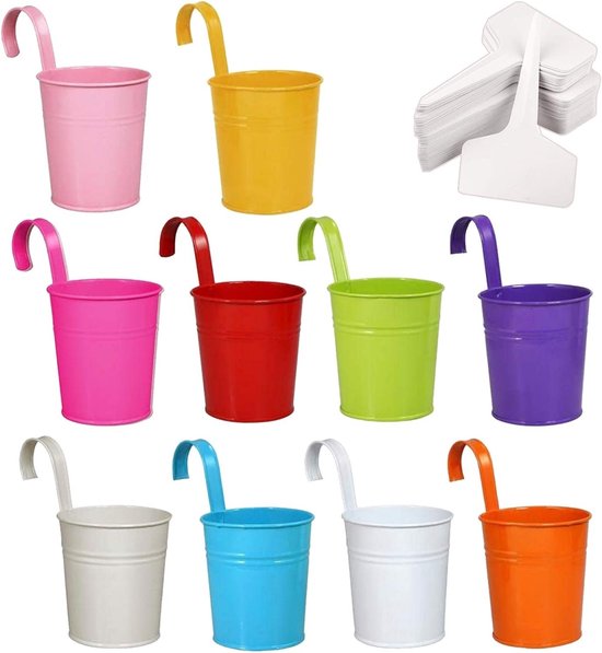 Jardinière en métal - 30 étiquettes pour plantes - Avec trous de drainage - Crochet amovible - Pour décoration de jardin, balcon et clôture - 10 couleurs - 10 pièces
