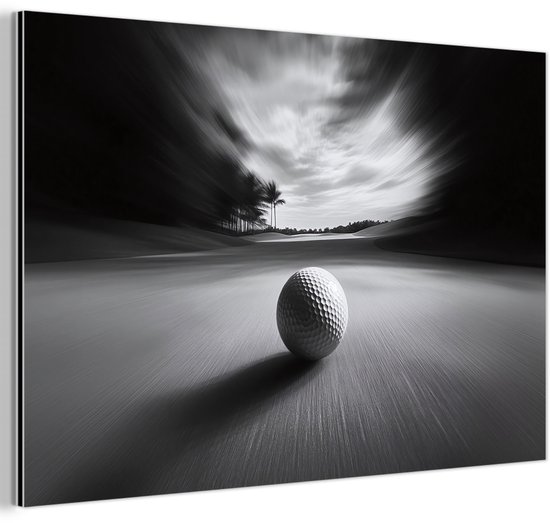 Aluminium schilderij 180x120 cm - Wanddecoratie metaal - Golfbal - Wazig - Zwart - Metalen muurdecoratie woonkamer - Decoratie industrieel - Foto op dibond - Industriële accessoires slaapkamer