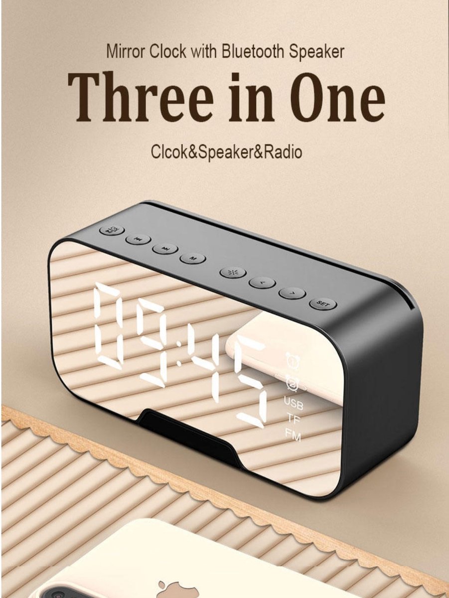 Wekker, Bluetooth speaker, radio, klok, spiegel en TF ingang. zwart