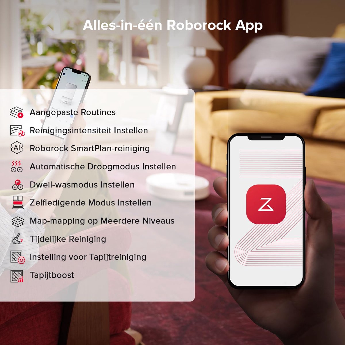 Roborock Qrevo S5V Robotstofzuiger - met afneembare basis - 12000Pa - dubbele anti-verstrengelingsfunctie - Mop lift - Reactief obstakel vermijden - warmelucht-droging - automatische dweilreiniging S7 Pro Ultra/Qrevo upgrade(Qrevo 5AE) — afbeelding 5