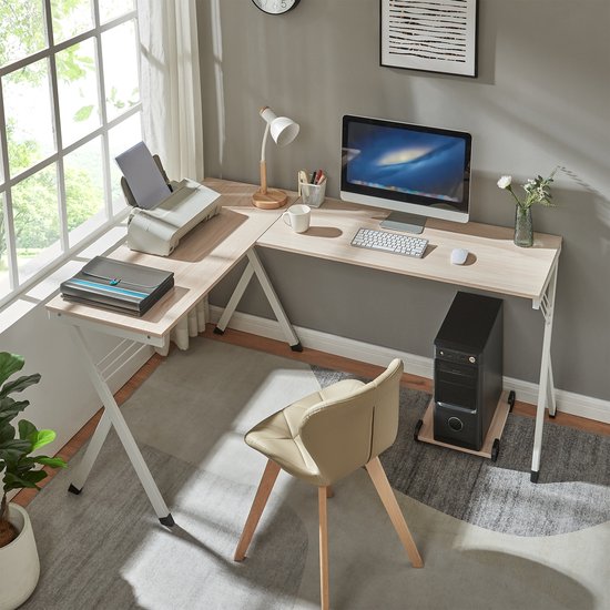Bureau Tarielarg L-vorm met pc-standaard 158x120x75 cm wit en eikenkleurig [en.casa]