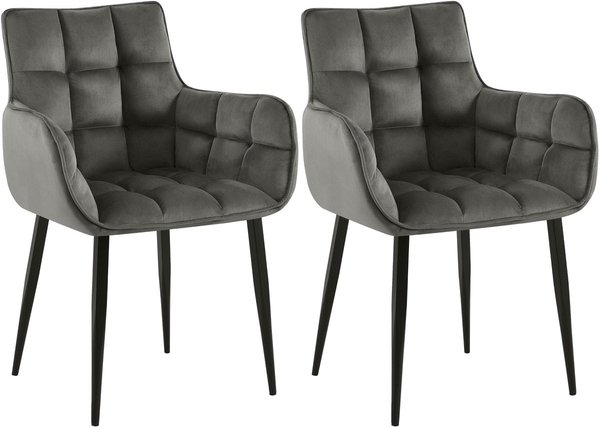 CLP Tirana Set van 2 eetkamerstoelen - met armleuning - met rugleuning - zwart metalen frame - fluweel - velvet - Fluweel/antraciet