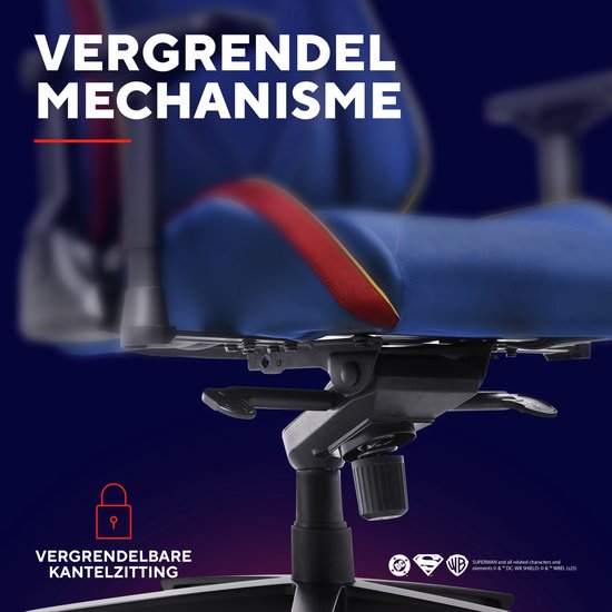 Detail van de zitting en het kantelmechanisme van een blauwe Superman gaming stoel.