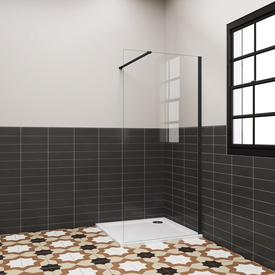 Douchewand Inloopdouche 86x185cm,6 mm helder EasyClean veiligheidsglas,mat zwart aluminium frame,stabilisatorstang 140 cm