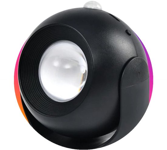Zwarte bolvormige nachtlamp met lens, met kleurverloop aan de zijkant.