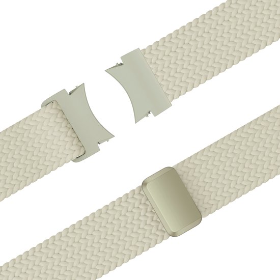 Sluitingsmechanisme van een gebroken witte, geweven horlogebandje met lichtgroene metalen gespen.