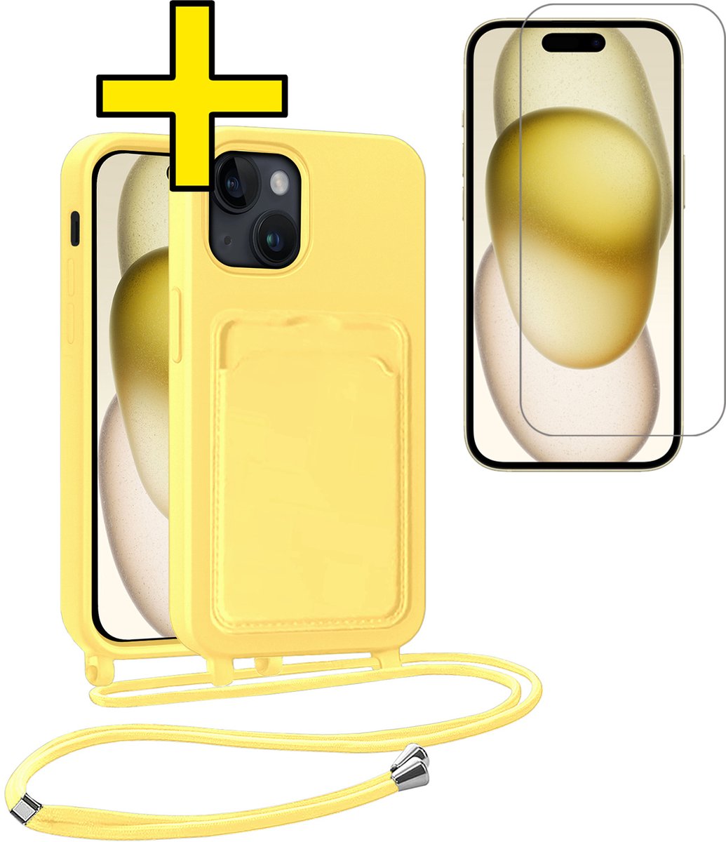 Hoesje Geschikt voor iPhone 15 Telefoonhoesje Met Koord Case Pashouder Met Screenprotector Siliconen - Hoes Geschikt voor iPhone 15 Hoesje Met Kaarthouder - Geel