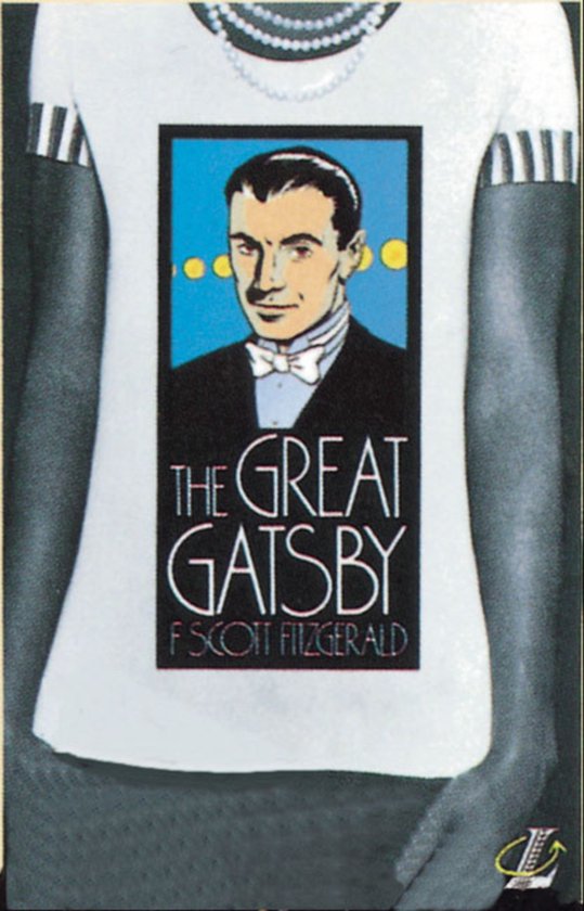 Wit T-shirt met opdruk van 'The Great Gatsby' boekcover met F. Scott Fitzgerald. De opdruk toont een man met vlinderdas.