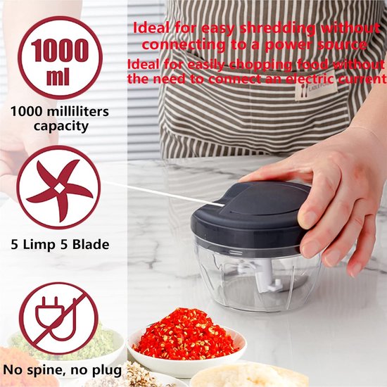 BORVAT® - Groentesnijder met Trekkoord - 900ml - RVS Hakmolen - Second Chopper - Voor Groenten, Fruit & Noten - Handmatige Food Processor - Grijs van Borvat — afbeelding 4