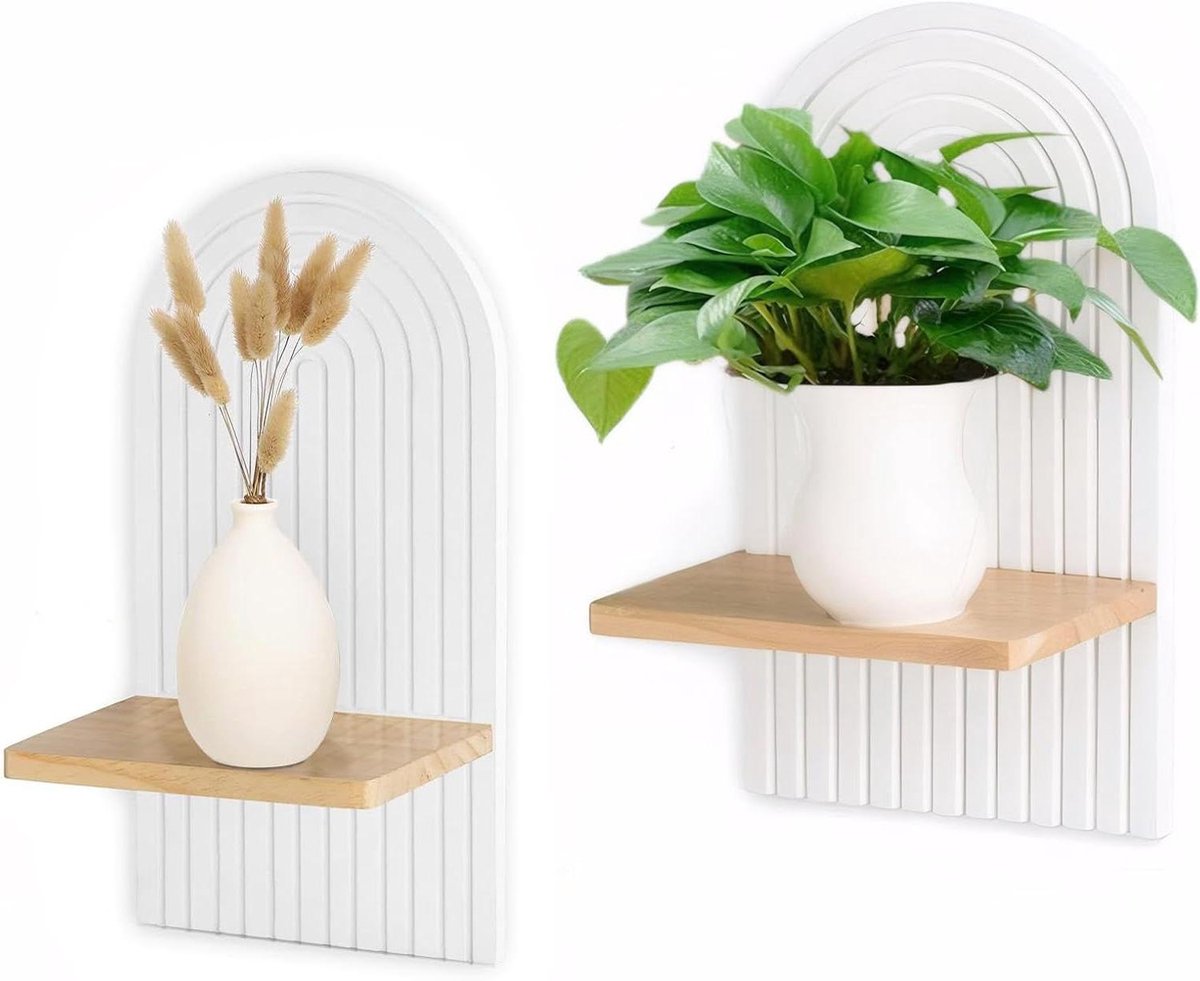 Allecto Premium - Set van 2 Boho Wandplanken Wit Hout Wandplanken Planten Wanddecoratie Woonkamer Slaapkamer Keuken Wanddecoratie 18 x 12 x 35 cm