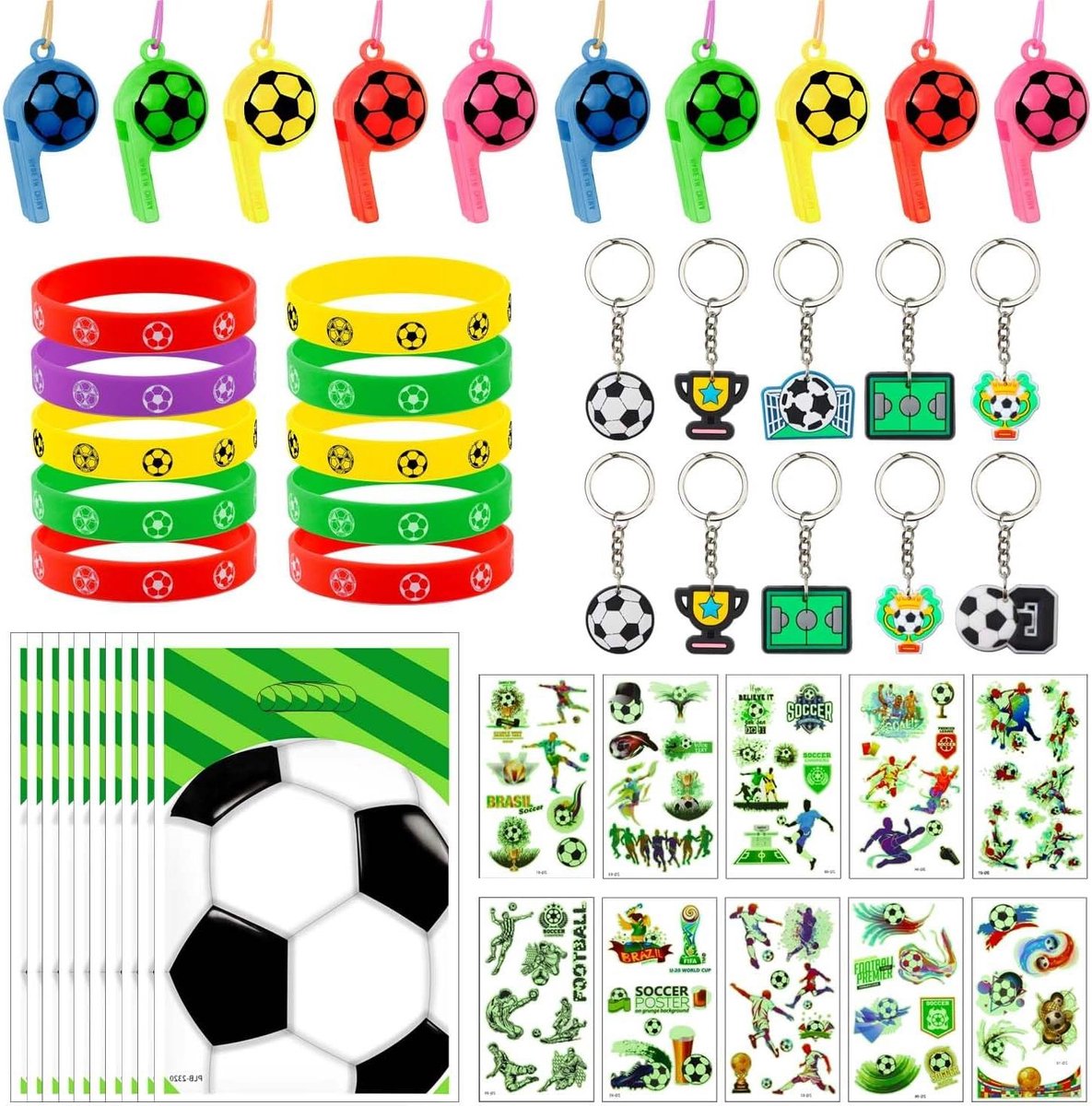 Allecto Premium - Voetbalfeestcadeautjes voor kinderen - Set van 50 stuks - Voetbal kinderverjaardag met geschenkzakjes - Inclusief siliconen armbanden, tattoo fluitjes en sleutelhanger - Originele voetbalfeestgeschenkverpakking