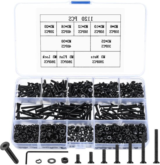 Allecto Premium - Coffret Vis et écrous avec 1120 pièces de vis M3 , écrous, rondelles et rondelles élastiques à tête hexagonale. Perfect pour divers travaux.