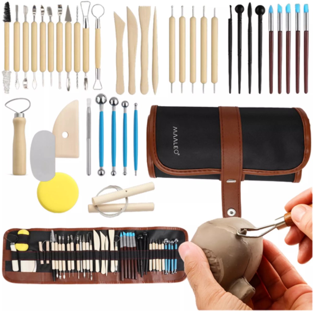 Maaleo 40‑delige modelleer‑ & beeldhouwset in rol‑etui