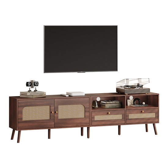 Meuble TV Pugsdrly 200*37*49,5 cm pour TV 80 pouces avec 2 portes en rotin, 2 tiroirs, meuble bas à 8 pieds, centre multimédia moderne en marron