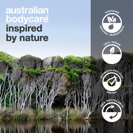 Natuurlandschap met bomen en water, omringd door logo's met claims: natuurlijke ingrediënten, 100% vegan, dermatologisch getest, 100% recyclebaar.
