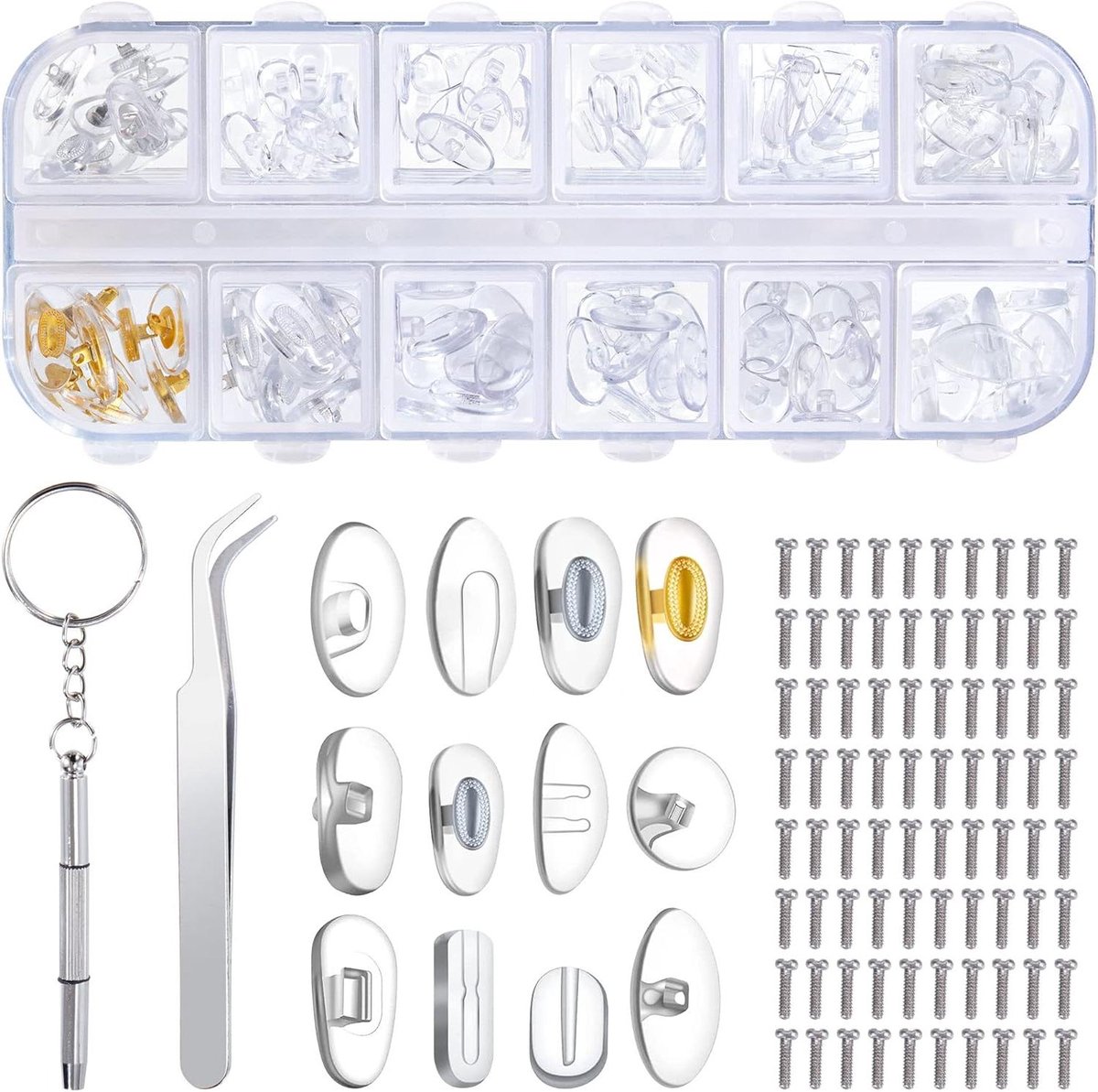Allecto Premium - Neuspads voor brillen reparatieset met 80 schroeven, pincet en schroevendraaier - 12 stijlen - 60 paar