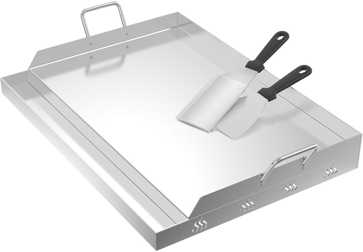 Aufun Bbq Grillplaat Met Handgrepen, Universele Grillplaat Van Roestvrij Staal Voor Gelijkmatige Warmteverdeling, Grillplaat Met Grillspatel, Geschikt Voor Houtskool- En Gasgrills, Zilver, 54X41X7 Cm