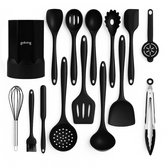 Goliving Spatelset met Houder 15 delig - Siliconen spatels - Keukengerei - Garde, Keukenspatel, Pannenlikker, Bakspaan, Bakkwast, Pastalepel, Schuimspaan - RVS - Hittebestendig - BPA vrij - Anti-aanbak - Zwart