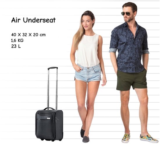 Zwarte "Air Underseat" koffer van 40x32x20 cm, 1,6 kg, 23 L, naast een vrouw en man.