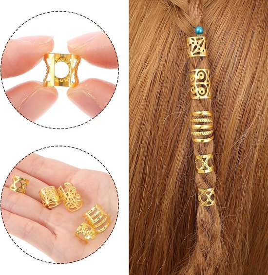 Tyqour 50 Stuks Gouden Haarmanchetten, Vlechten, Dreadlock-accessoires, Haarsieraden voor Vrouwen, Verstelbare Loc-sieraden voor Zwarte Vrouwen, Meerdere Stijlen, Haarkralen, Bedels, Ringen, Haarclips