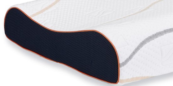 Witte kussen met een donkerblauwe zijkant, omrand met oranje en grijze lijnen.