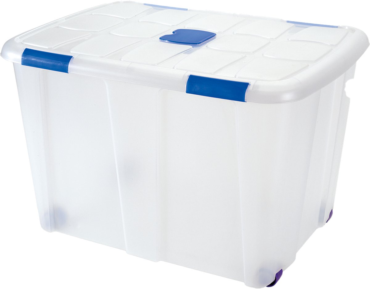 Plasticforte Opslagbox - 1x - met deksel - 130L - 74x54x48 cm - transparant - opbergbak - met wielen