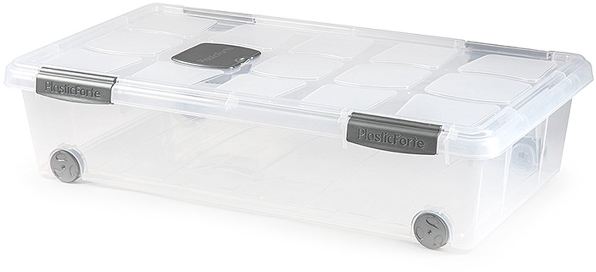 PLASTICFORTE Opslagbox - 1x stuks - met deksel - 30L - 73 x 41 x 18 cm - transparant - opbergbak - met wielen
