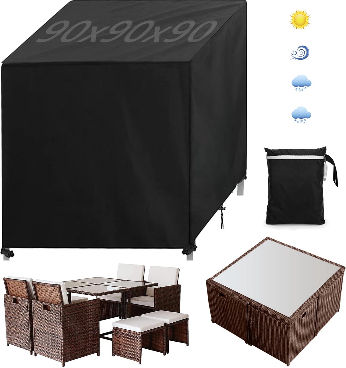 Ibenzoa Beschermhoes voor Tuinmeubelen, 90 x 90 x 90 cm, Waterdichte en Windbestendige Beschermhoes voor Meubelsets zwart