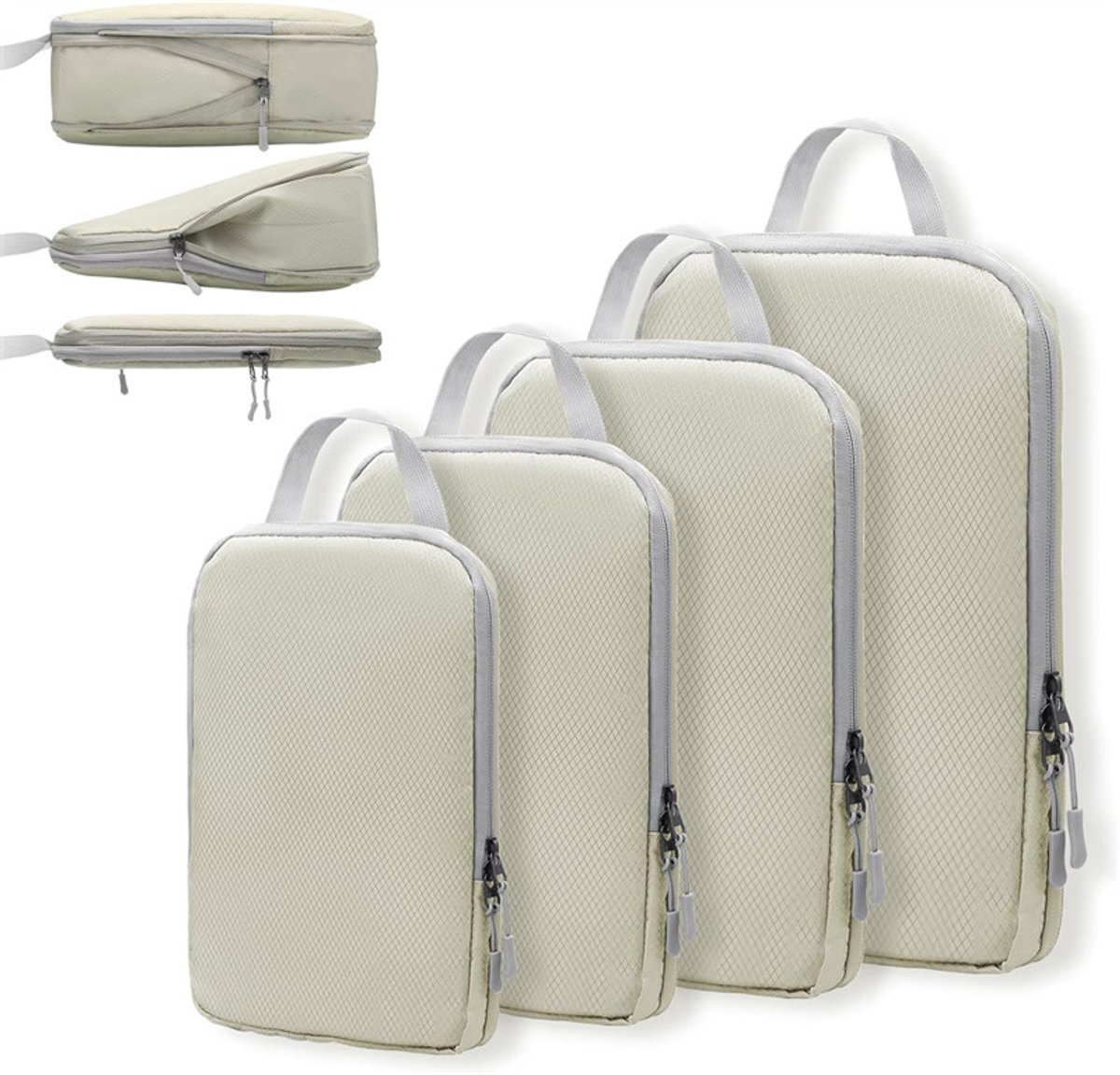 Reistas - Weekendtas - Opbergtas - Packing Cube - Kledingtas - Compressiepakkussenset - Uitbreidbare Koffer Organizer - 4 Delige Set - Waterdichte Pakkubussen - Kledingtassen voor Reizen en Thuis - Kaki
