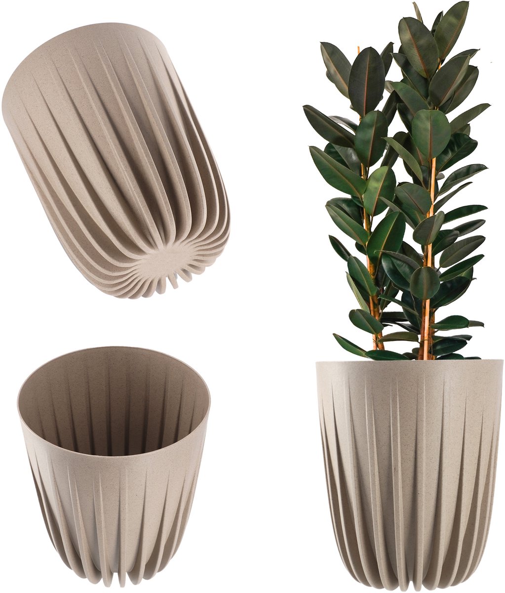 KADAX Bloempot van kunststof met natuurlijke materialen, moderne plantenpotten, plantenpot met geometrisch patroon, ronde bloempot met inzetstuk, natuurlijke bloempot, hoge bloempot (diameter 19 cm,