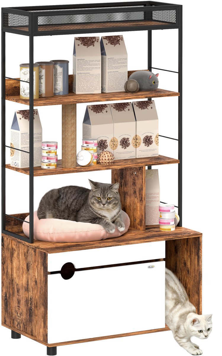 PawHut 2-in-1 Katzenklo Schrank, Katzenklo mit 3-Ebenen-Regal, Kratzpfosten, Klapptür, Katzenhaus für Katze unter 6 kg, 80 x 48 x 152 cm, Rustikal-Braun