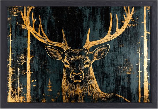 Cerf doré sur fond de forêt - Tableau cerf - Oeuvre animalière - Art Deco - Toile de Luxe avec châssis - Décoration murale murale chambre - Toile avec châssis 100x75 cm