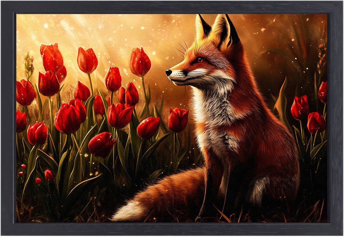 Vos en tulpen in avondlicht - Vos schilderij op canvas - Muurkunst tulpen - Hyperrealisme