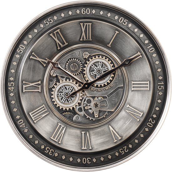 Horloge murale Fresco 60 cm – Argent Vintage – Engrenages mobiles – Silencieuse – Design industriel