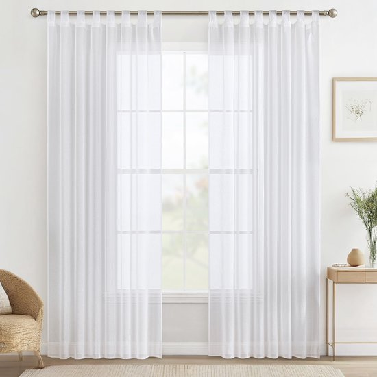 Wit Katoenen Linnen Gordijnen, Transparant Voile Luchtig Gordijn Privacy Decoratief Raamsjaal Raamdecoratie voor Woonkamer Lounge Kantoor Keuken, 1 Panelen-300x270cm