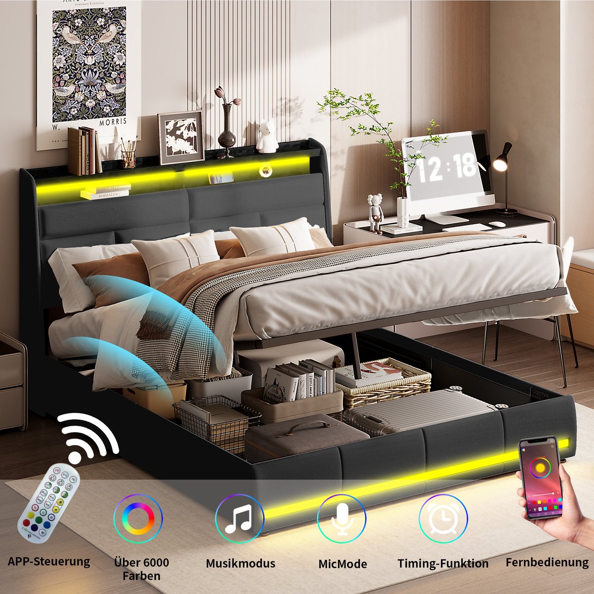 Gestoffeerd tweepersoonsbed, 160 x 200 cm, met led