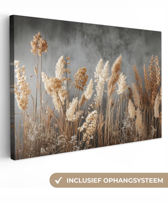 Canvas schilderij 120x80 cm - Exclusieve wanddecoratie Gedroogde Veldbloemen - Grijs - Beton - Muurdecoratie woonkamer - Slaapkamer decoratie - Kamer accessoires - Schilderijen op canvas