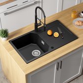RVS Waterval Keuken Spoelbak Combo Met Uittrekbare Kraan Nano-gecoate Topmontage Enkele Bar Kom Spoelbak, Werkplek Spoelbak Met Accessoires, Hogedrukpan Reiniger(Black-Grey A,65x50cm