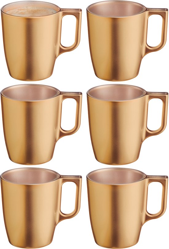 Tasses à café Luminarc Monaco - 6 pièces - Glas dur - Doré - 250 ml - 9 cm - Finition métallisée flashy
