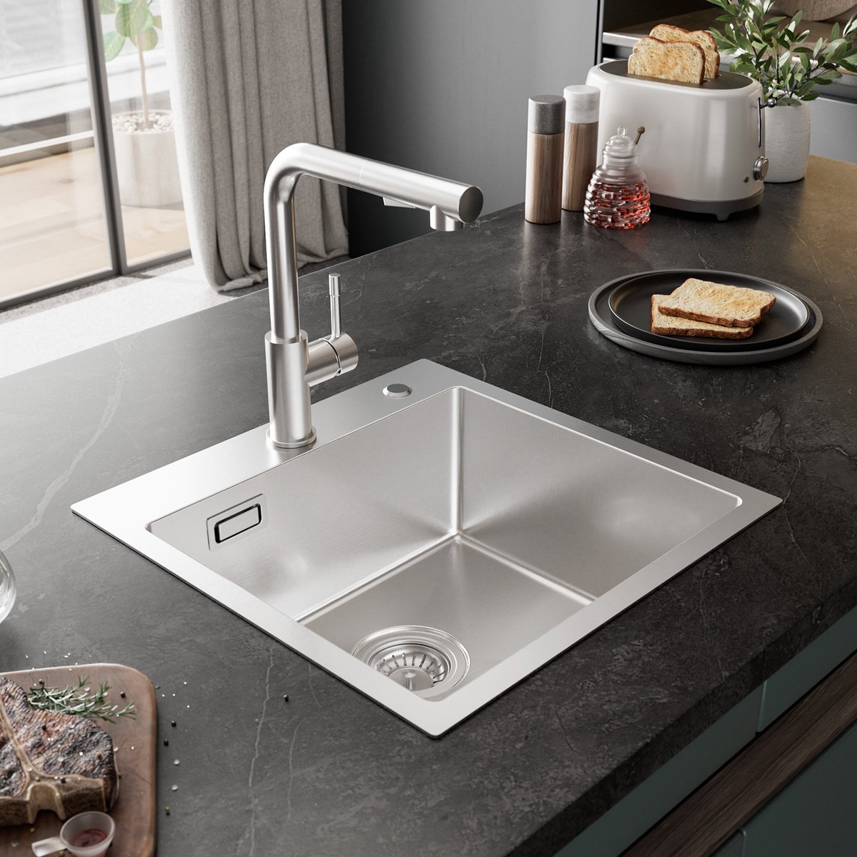 SOFETIY MAX spoelbakken 45 x 45 cm - Vierkante RVS Geborstelde Wasbak - 1 Bak Keukenwasbak voor Inbouw - of Bovenmontage