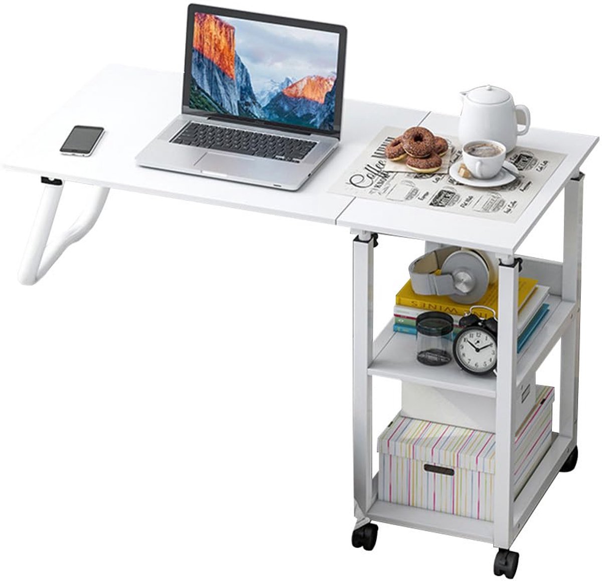 Ibenzoa® In hoogte verstelbare multifunctionele bijzettafel met opbergruimte en wielen voor werk en ontspanning