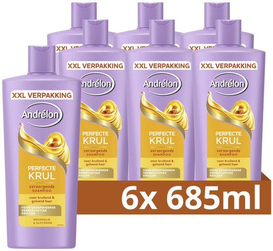 Een verpakking van 6 flessen Andrélon "Perfecte Krul" shampoo, elk in XXL formaat van 685ml.