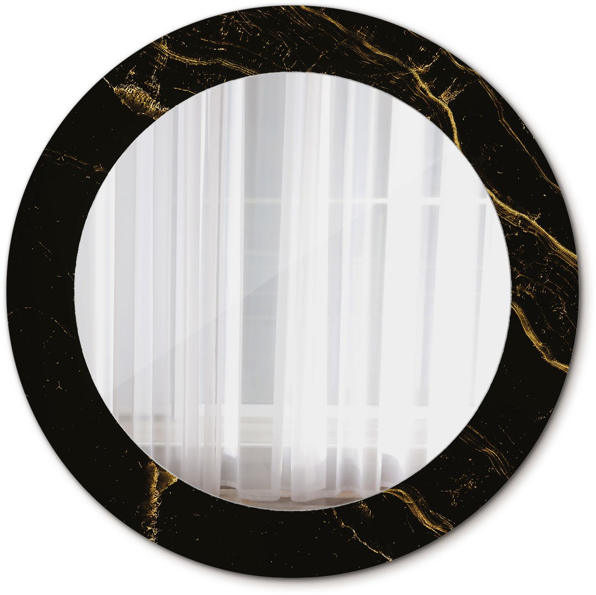 Tulup Spiegel - Spiegel op gehard Glas - Ronde Spiegel - Zwart marmerlook - Diameter: 60 cm - Stijlvolle spiegel met grafisch motief - Slaapkamerspiegel - Badkamerspiegel - Gang - Kleedkamer - Zwarte - Luxe Spiegel - Make-up Spiegel - Ophangsysteem