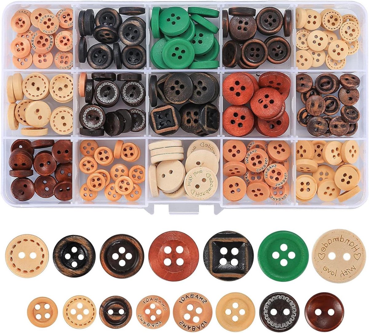 JGS Premium - 225 Stuks Natuurlijke Houten Knoopjes - 4 en 2 Gaten - Handwerk en Naaien - Knutselbenodigdheden