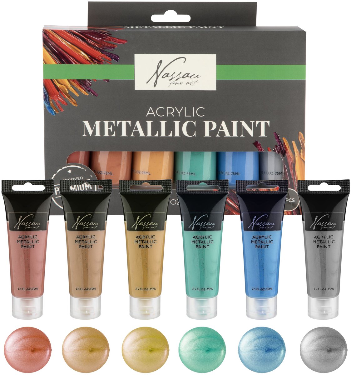 Nassau Fine Art Metallic Acrylverf Set – 6pcs 75ml Tubes – Hoogwaardige Metallic Verf voor Hobby – Dekking op Papier, Canvas, Hout, Steen en Meer — afbeelding 5