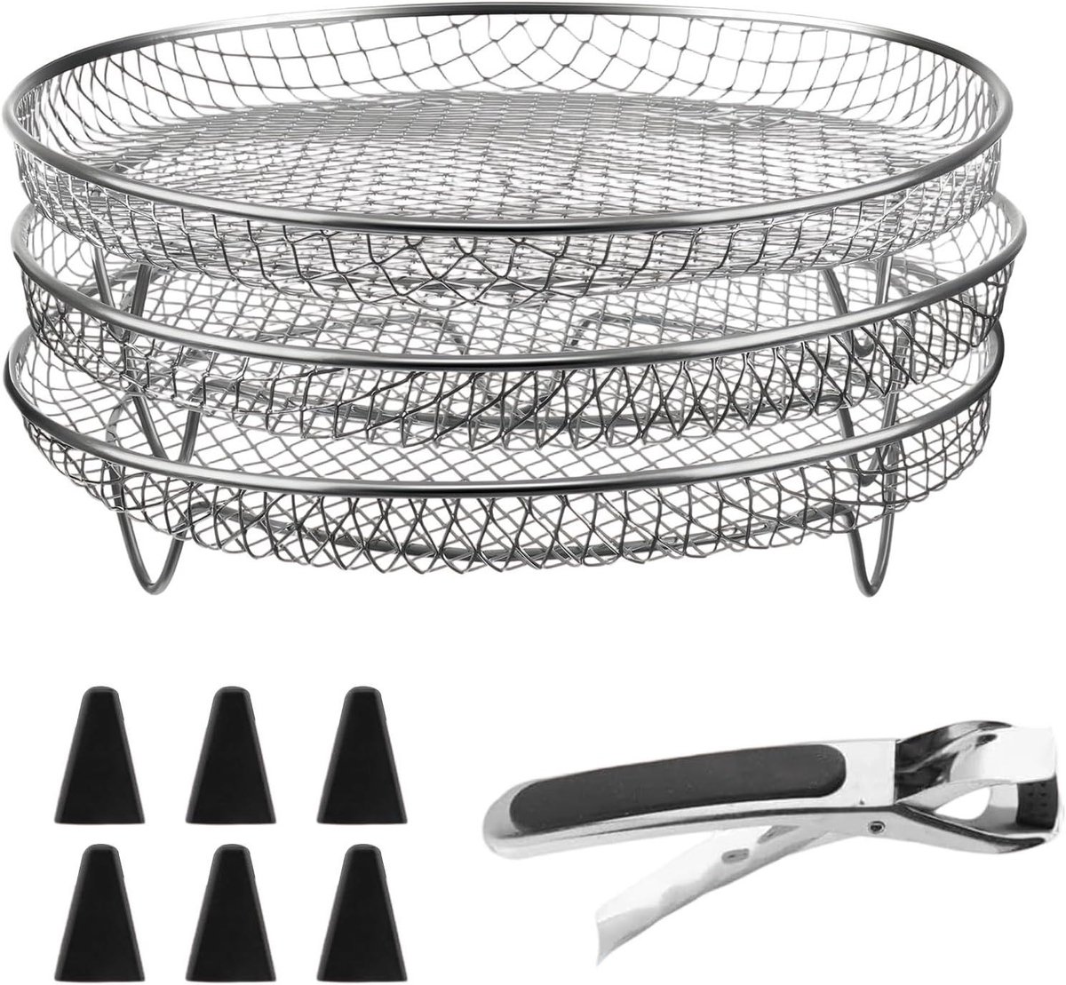 JGS Premium - Stapelbare manden van roestvrij staal voor airfryer - Set van 3 - Met siliconen voeten - Hittebestendig - Handig in gebruik